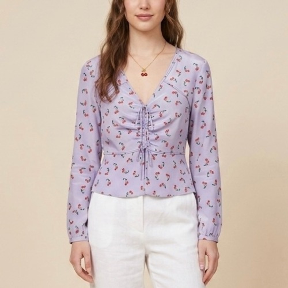 Intermix Kristen Silk Cherry Print Ruched Front V-Neck Blouse Lavender Size 6